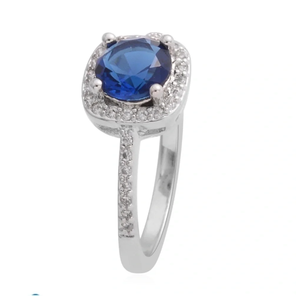 Blue and White CZ Silvertone Halo Ring Size 9.5 – 0.91 Ctw Sapphire Blue Ring